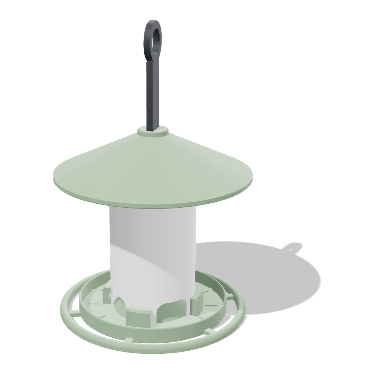 3D render of the Bird Feeder: a sage green roof and tray with a white seed tube and a dark hanging loop