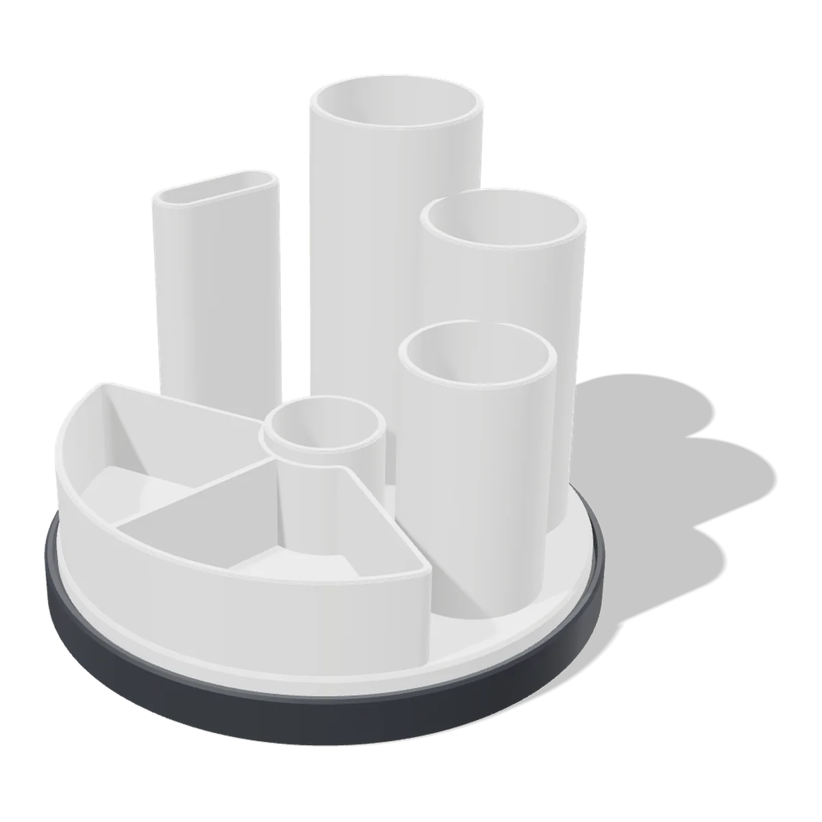3D render of the Rotating Desk Organizer: a white carousel with pen cups, a scissor slot and a tray on a dark base