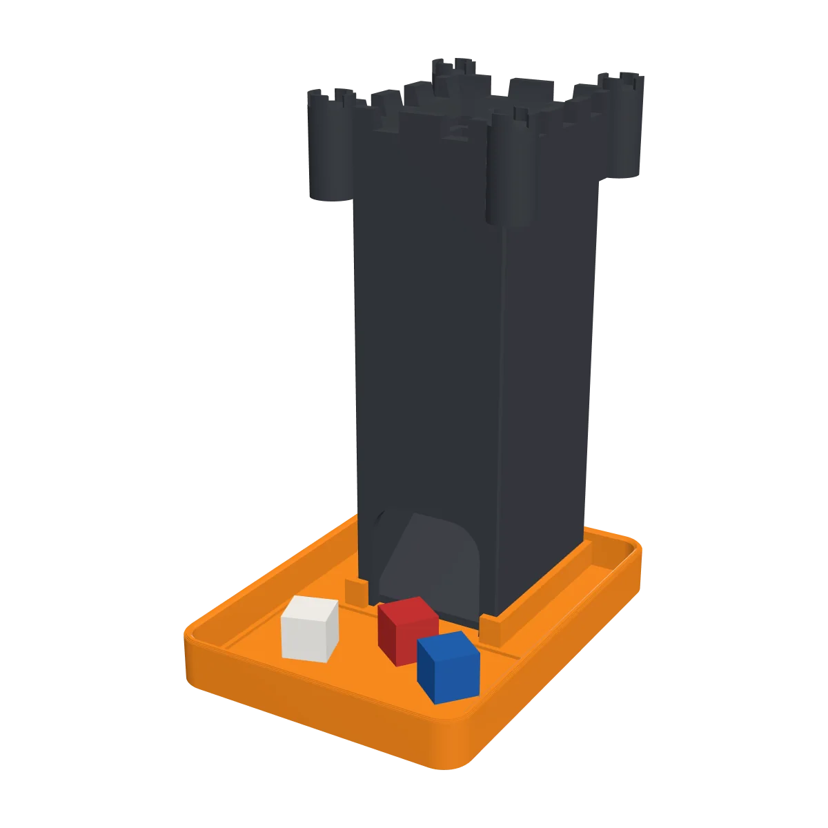 3D render of the Dice Tower: a graphite castle tower with a crenellated crown and corner turrets, standing in an orange tray with dice in front of the arched gate