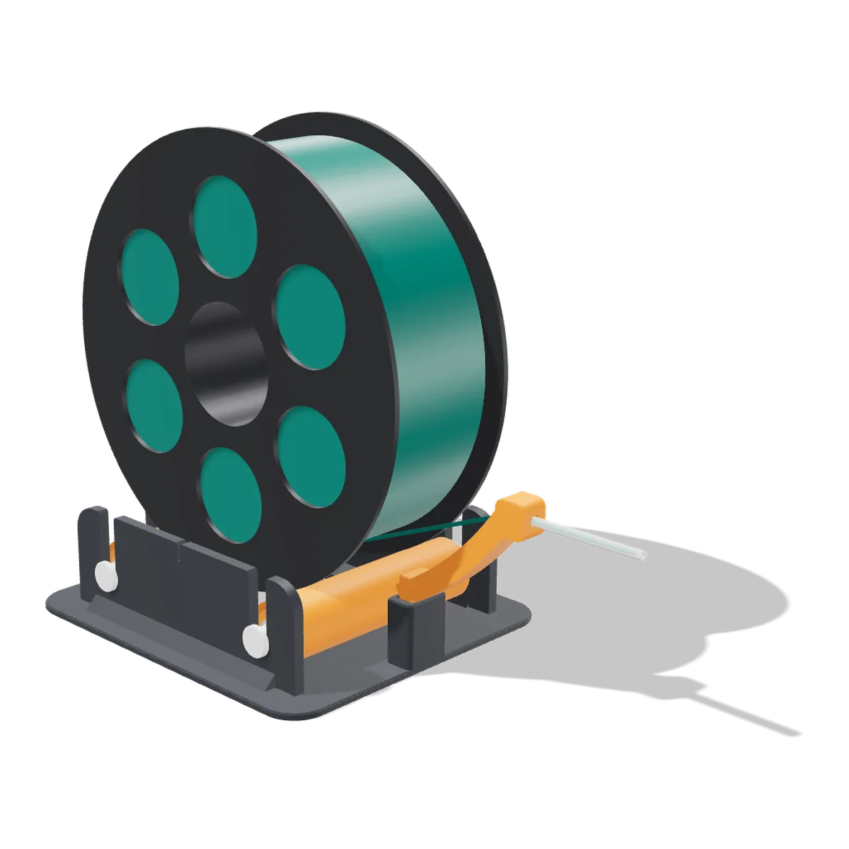 3D render of the Filament Spool Holder with a 1 kg spool on its orange rollers and the filament running through the guide