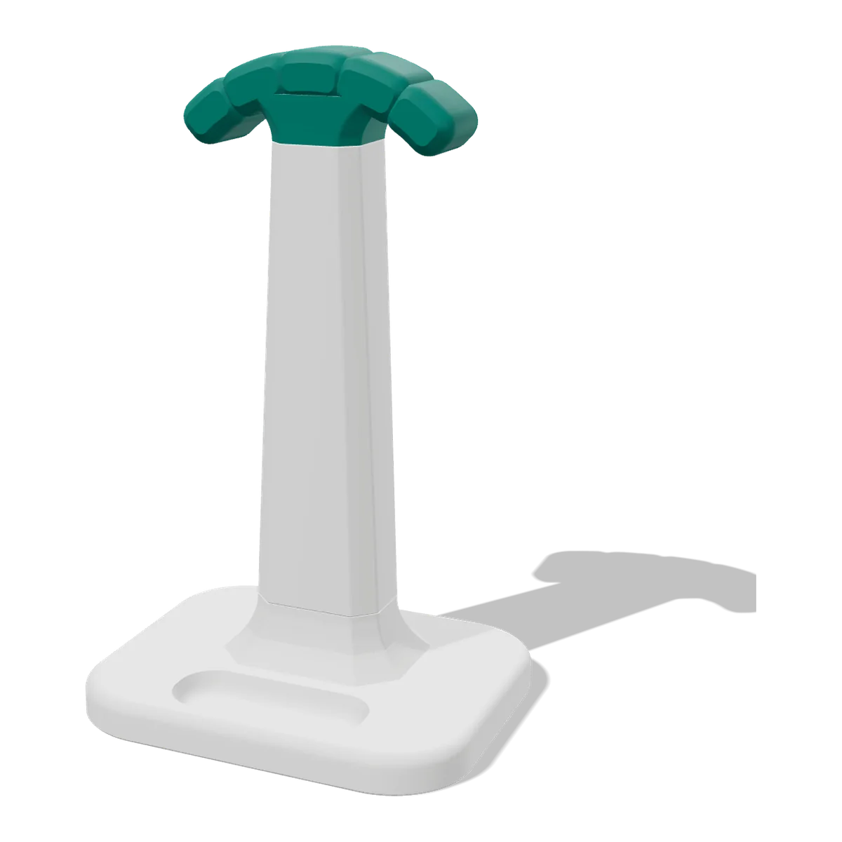 3D render of the Headphone Stand: a white base and upright with a teal cushioned hanger