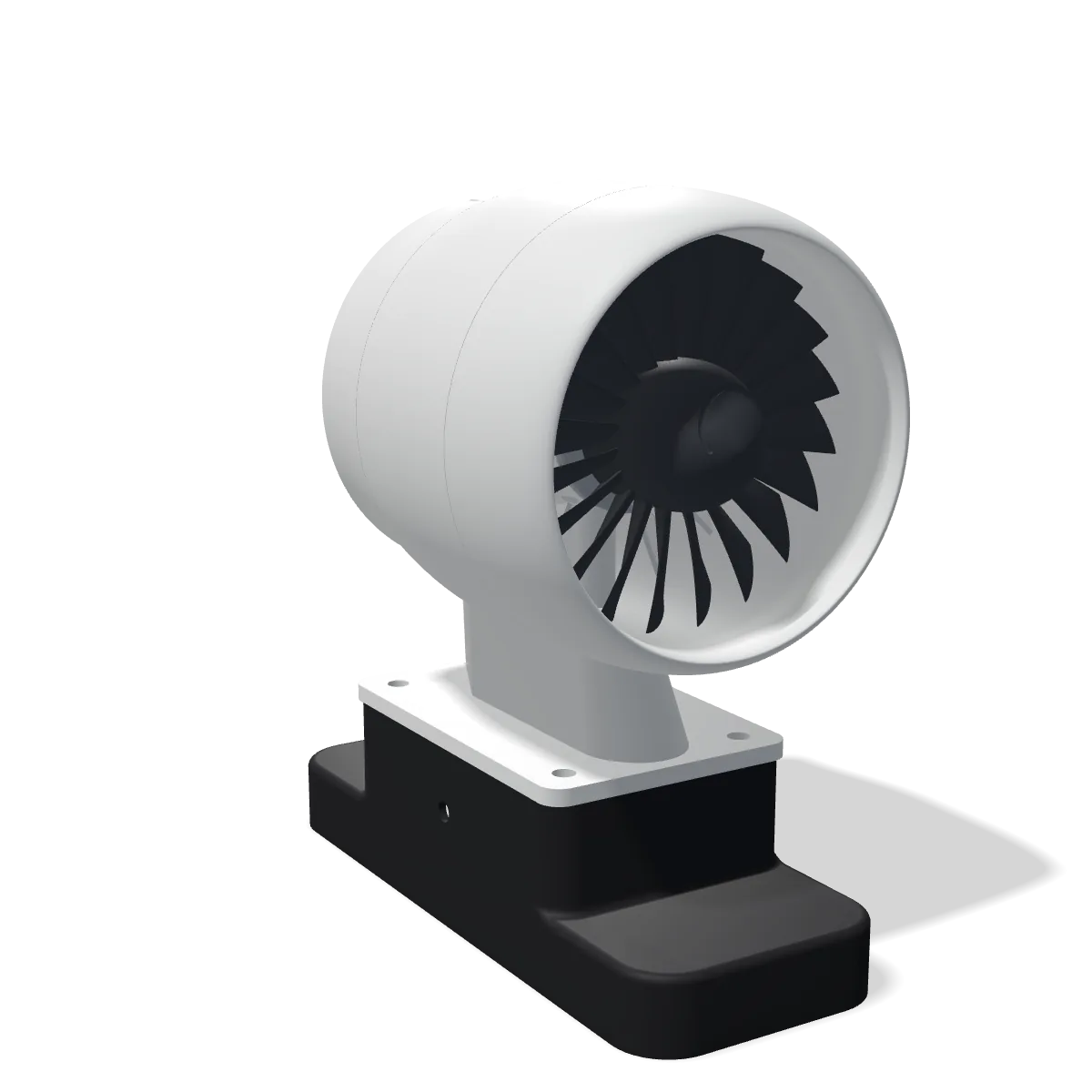 3D render of the Jet Engine Desk Fan: a white engine with a dark fan on a black base