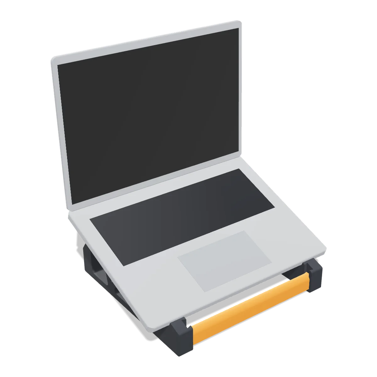 3D render of the Laptop Stand: two graphite side stands joined by orange cross bars, holding an open 14-inch laptop