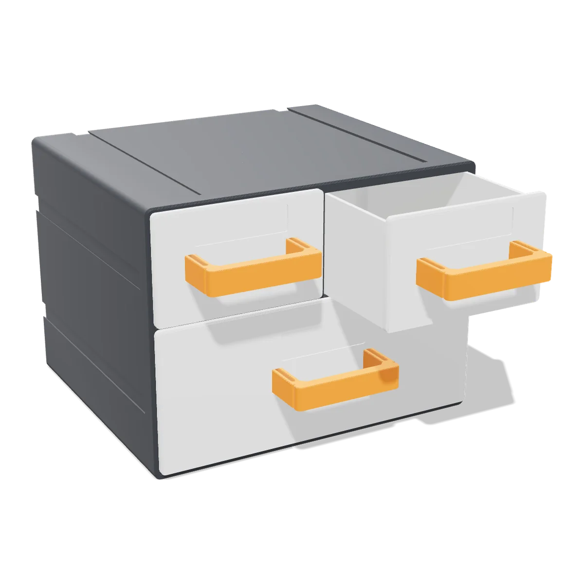 3D render of the Mini Drawer Cabinet: a graphite frame with three white drawers and orange handles, one drawer open