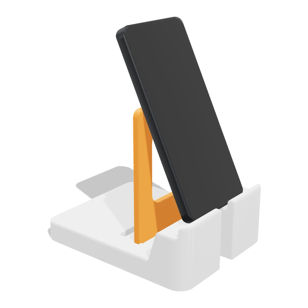3D render of the stand: a white base with an orange back support, holding a phone