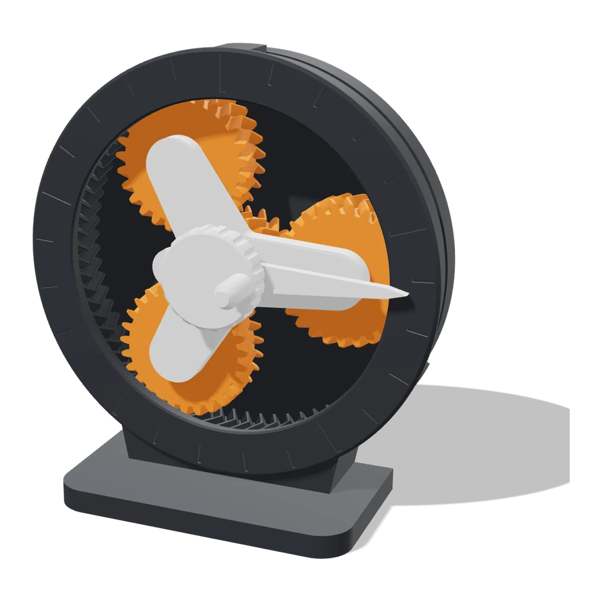 3D render of the Planetary Gear Desk Toy: a graphite housing on a foot with orange gears, a white carrier, pointer and crank