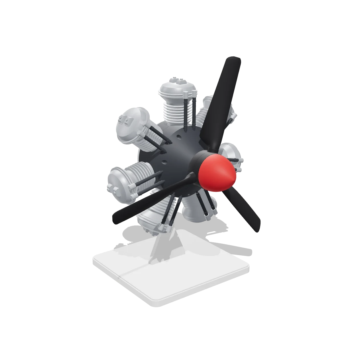 3D render of the Radial Engine: seven silver finned cylinders around a graphite crankcase, a black three-blade propeller with a red spinner, on a white stand