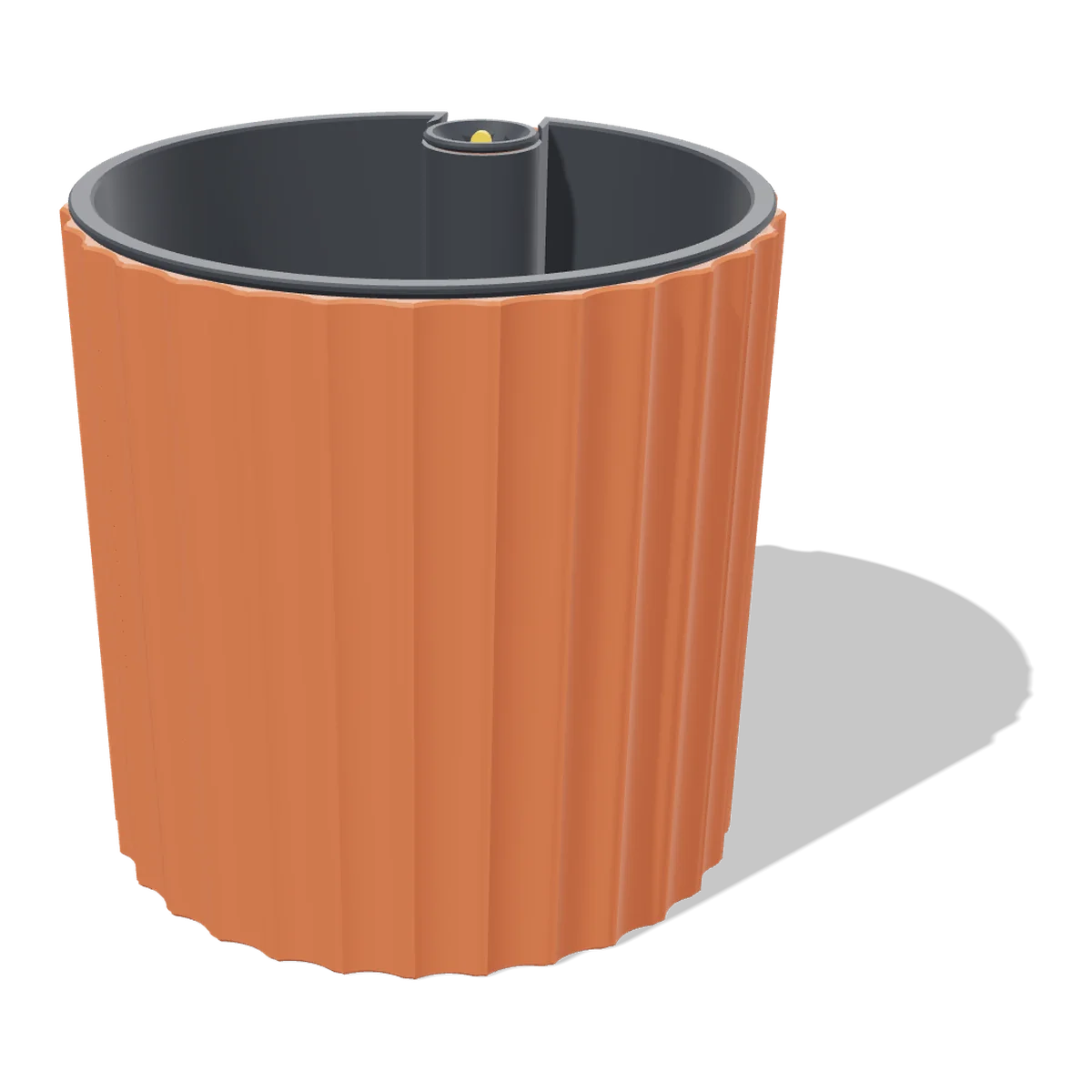 3D render of the Self-Watering Planter: a fluted terracotta pot with a dark inner pot and the fill cap at the back
