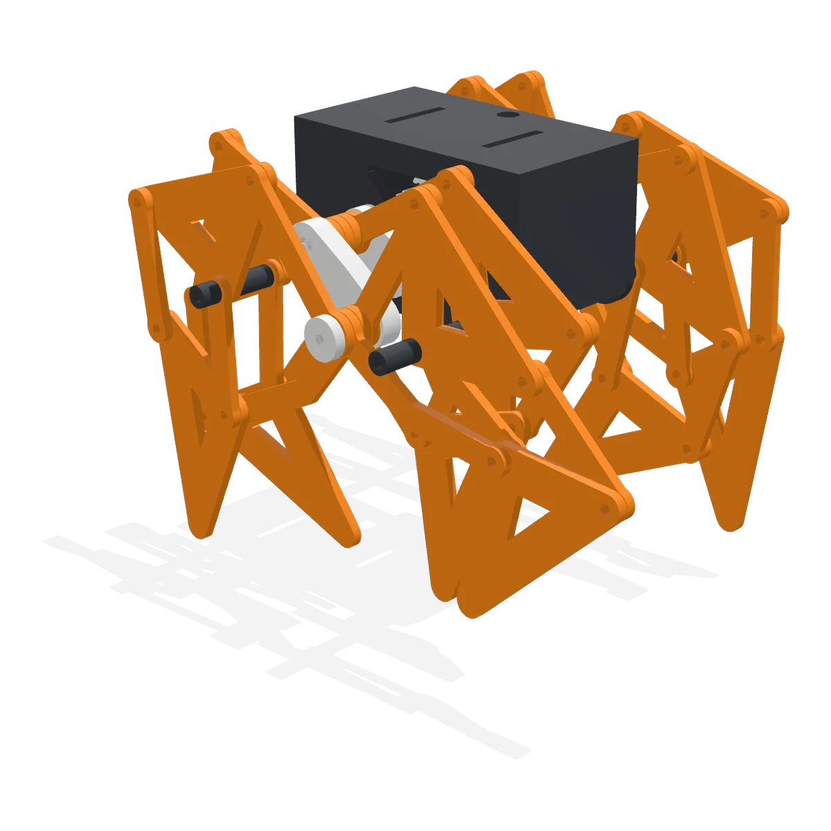 3D render of the Walking Strandbeest: eight orange Jansen legs on a graphite body with white cranks