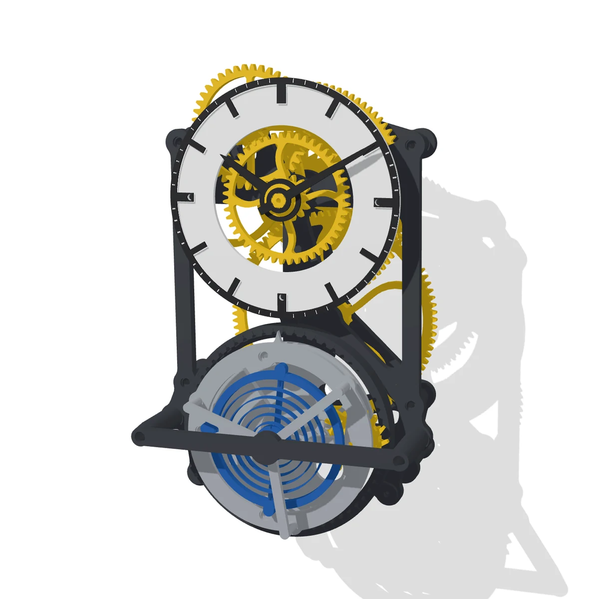3D render of the Tourbillon Wall Clock: a white dial with black hands over yellow gears in a graphite frame, the tourbillon cage with its blue balance and hairspring below