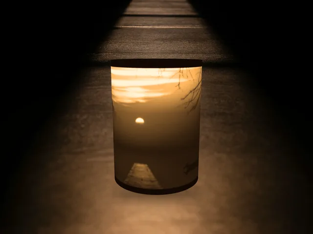 A lamp shade with a photo in it, glowing
