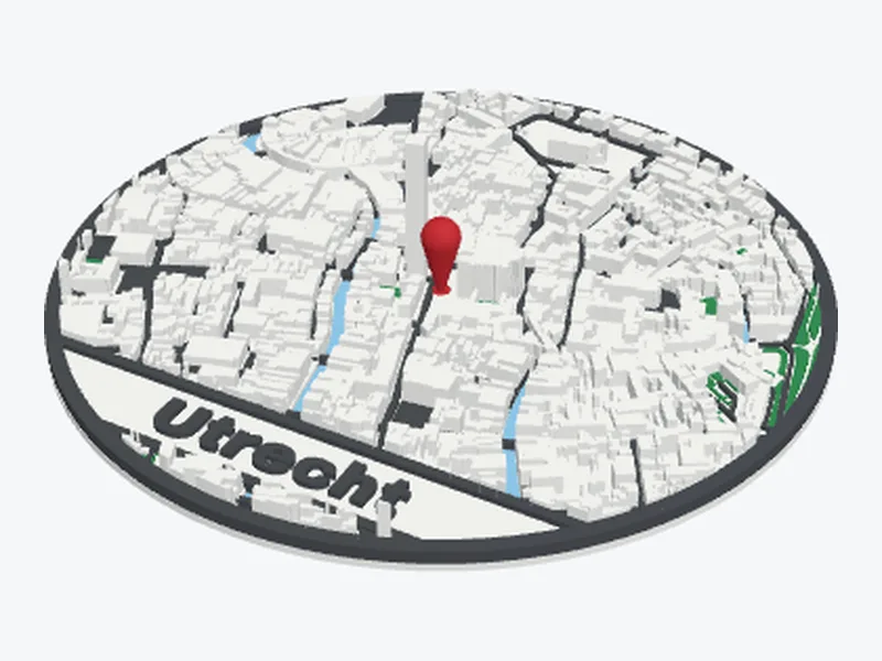 3D model of a round map of the centre of Utrecht with its buildings, canals and a red pin, and the name Utrecht across the bottom