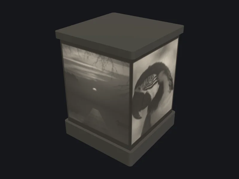 3D model of a square night light with the jetty and the parrot on its sides, lit from inside