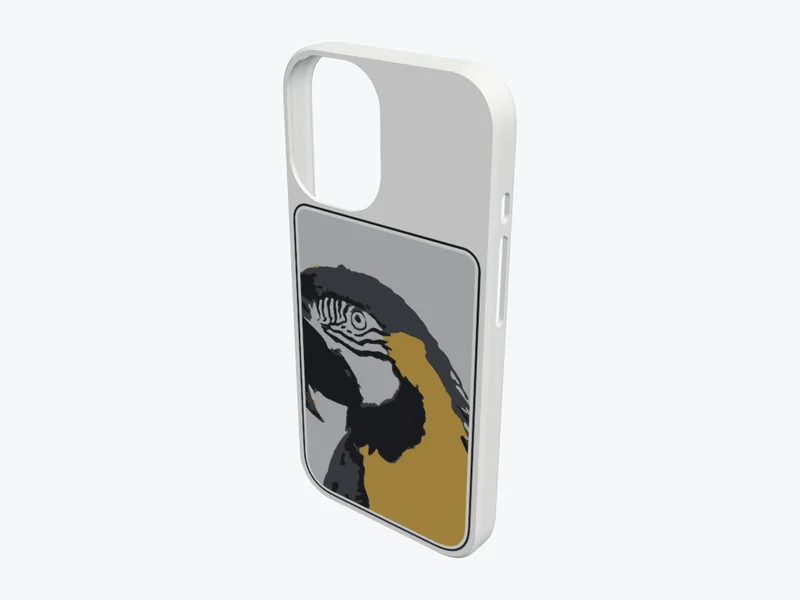 3D model of a phone case with the parrot photo on the back