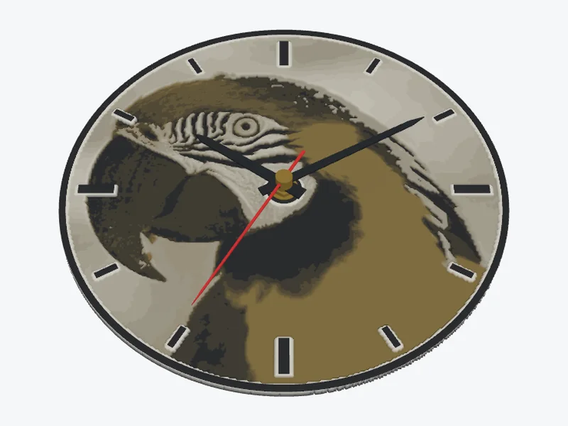 3D model of a round wall clock with the parrot photo as its face