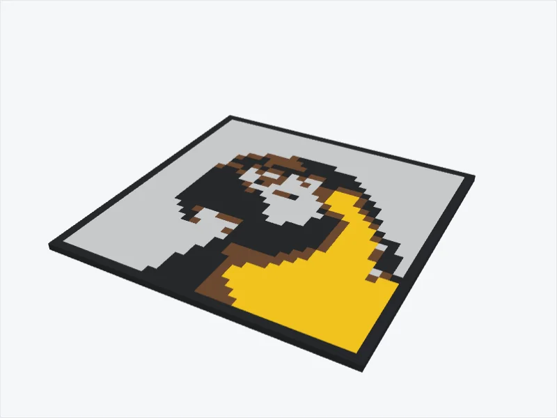 3D model of the parrot as pixel art in five filament colours, in a black frame