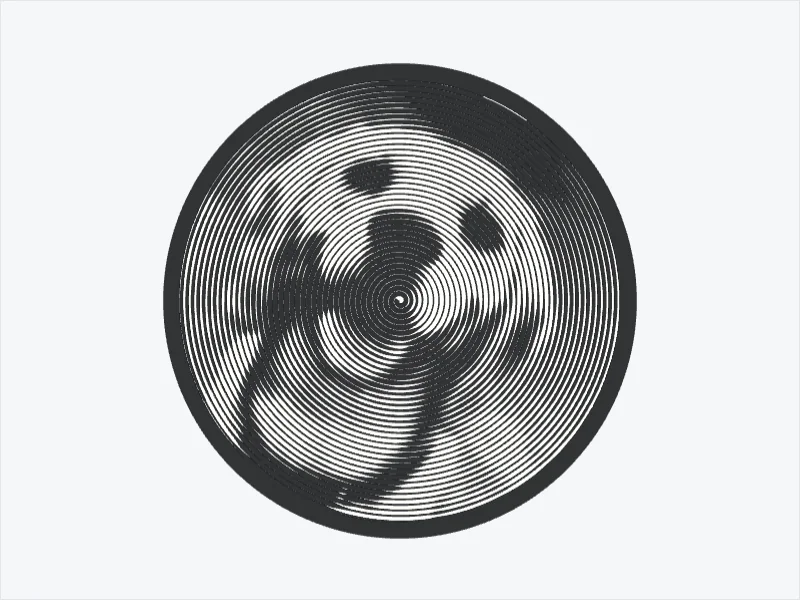 3D model of the beagle drawn by one black spiral line on a round white plate
