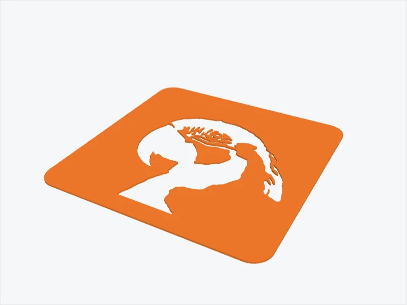 3D model of an orange stencil with the parrot cut out of it
